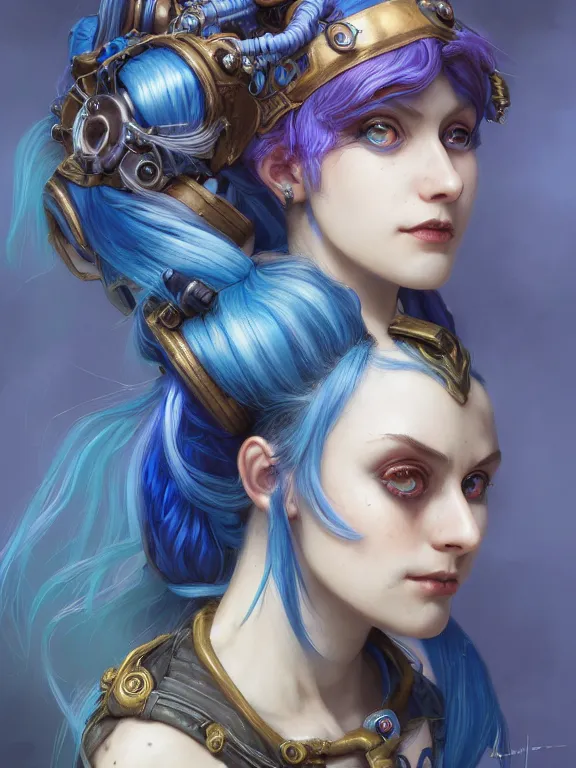 Prompt: a League of Legends FAN ART Portrait of crazy JINX , blue hair, long pigtail, steampunk,neuroticism,intricate, elegant, highly detailed, digital painting, concept art, smooth, sharp focus, illustration, by Laurie Greasley,Lawrence Alma-Tadema,Dan Mumford,artstation,deviantart,Unreal Engine,face enhance,8K,golden ratio,cinematic lighting