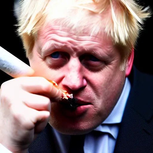 Image similar to medium shot photo of Boris Johnson with a joint in his mouth with smoke coming out, 4k, ultra HD