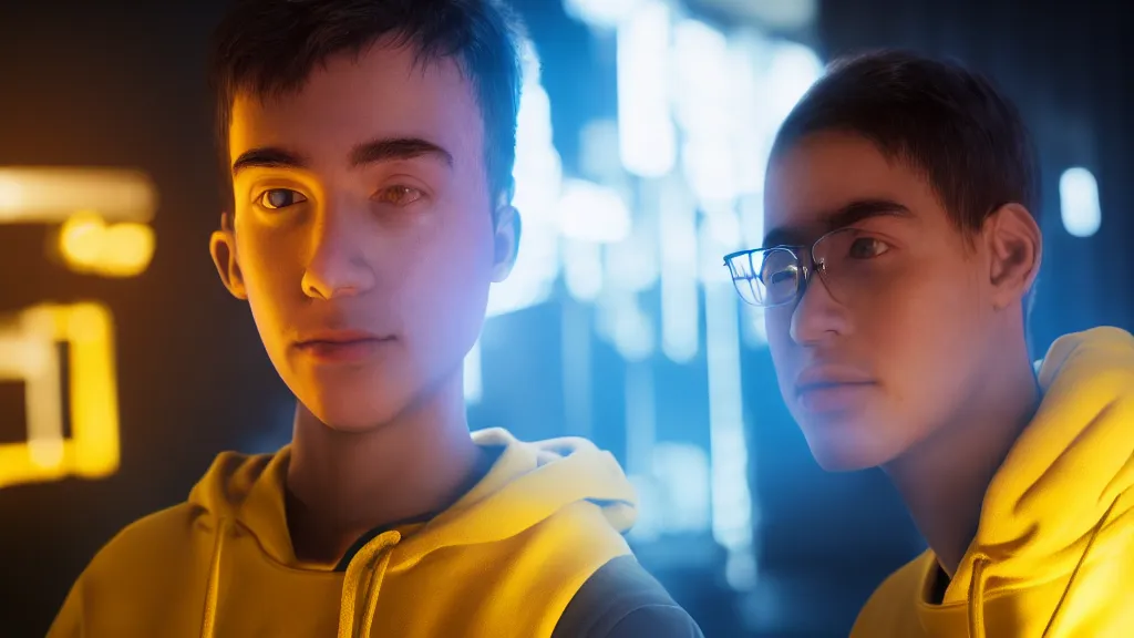 Image similar to close up portrait of young engineer in a yellow sweatshirt on the face of which glare from the computer. cyberpunk, volumetric lighting, 4 k, hd