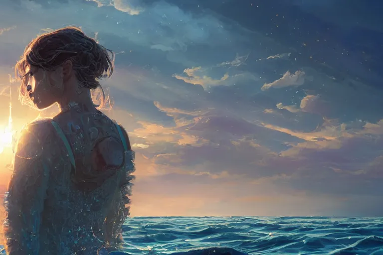 Image similar to detailed intricate digital illustration by greg rutkowski and artgerm and wlop and sanford robinson gifford ; nuclear bomb radiating bright, blinding lens flare across the horizon of a serene ocean, beautiful, glistening water and waves ; 1 3 mm film, arri alfa anamorphic lens, golden hour lighting ; sharp focus ; trending on artstation 8 k