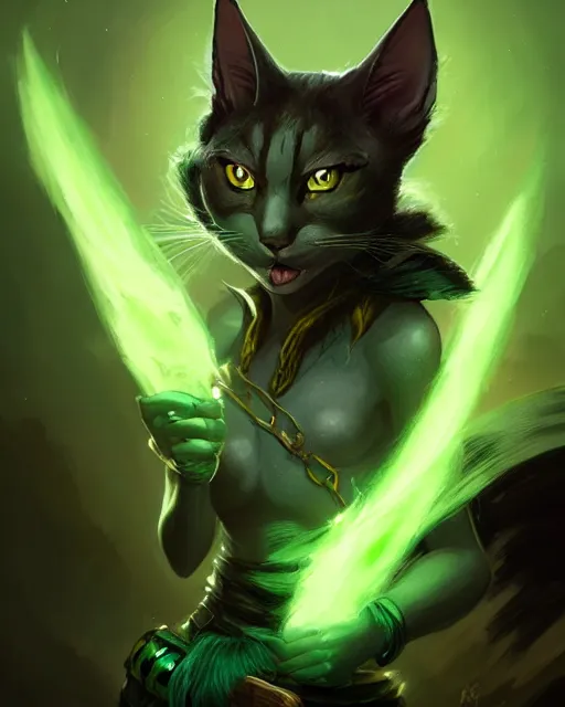 Image similar to Tabaxi :: Phantom Rogue, pretty, beautiful, DnD character art portrait, black hair, green glowing eyes, matte fantasy painting, DeviantArt Artstation, by Jason Felix by Steve Argyle by Tyler Jacobson by Peter Mohrbacher, cinematic lighting