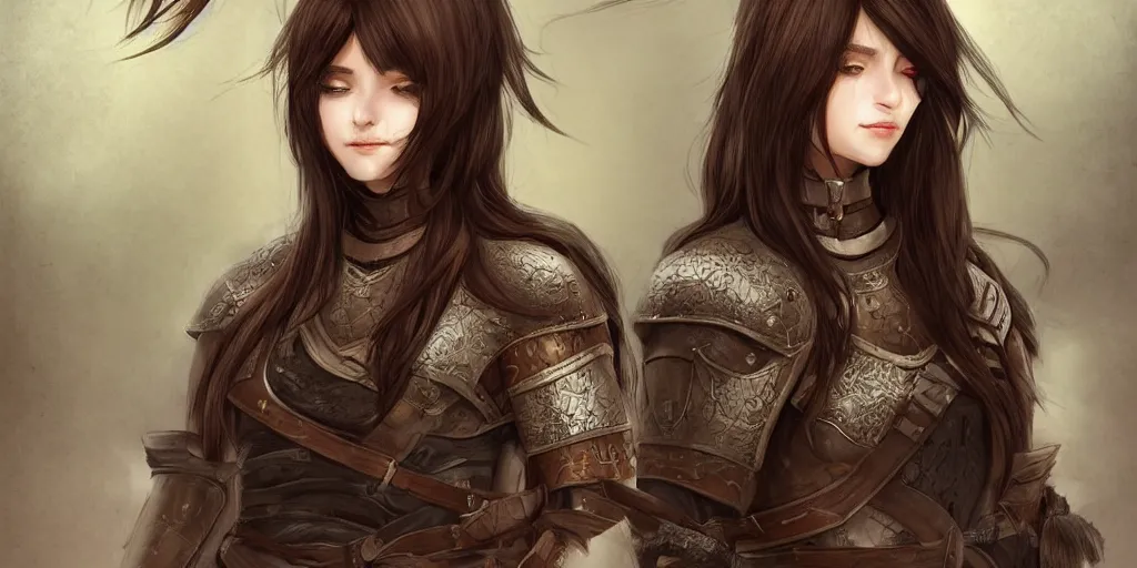 Image similar to 2 5 years old women : : dark straight hair : : overwheight, brown medieval cloting, light armor, natural materials : : high detail, digital art, illustration, realistic, rpg, fantasy