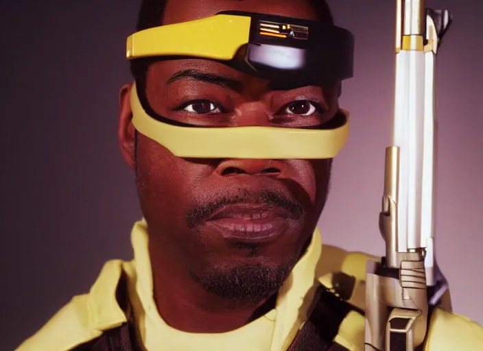 Image similar to a hyper realistic ultra realistic photograph of Commander Geordi La Forge using a gun as a toothpick, highly detailed, 8k photograph