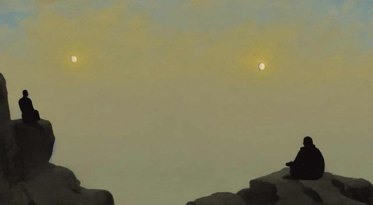 Prompt: isaac levitan painted style a lonely silhouette of a meditating monk sitting in the fog on a stone protruding from the water in the rays of the morning sun