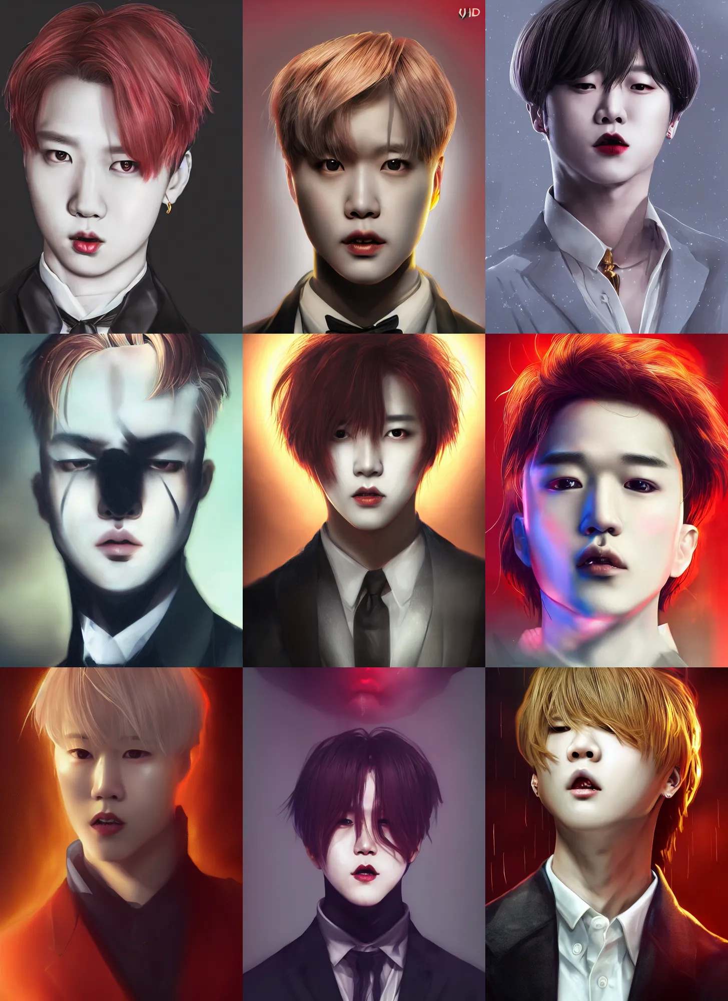 Prompt: park jimin as a vampire. wearing intricate styled suit, semi realism, anime realism, symmetrical face, slim face, appealing, photorealism, uhd, amazing depth, glowing, golden ratio, sakimichan, greg rutowski, volumetric lighting, cinematic lighting, red lighting, artstation concept art, dark foggy atmosphere