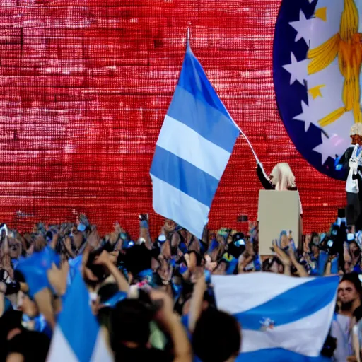 Image similar to Lady Gaga as president, Argentina presidential rally, Argentine flags behind, bokeh, giving a speech, detailed face, Argentina