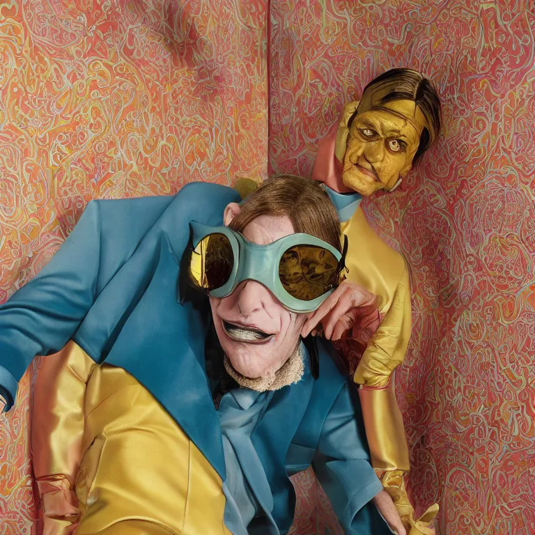 Image similar to vogue photoshoot octane render portrait by wayne barlow and carlo crivelli and glenn fabry, subject is a single eccentric man in a bright colorful pastel wes anderson uniform and a latex mask inside a high - end exotic vintage boutique hotel lounge, very short depth of field, bokeh