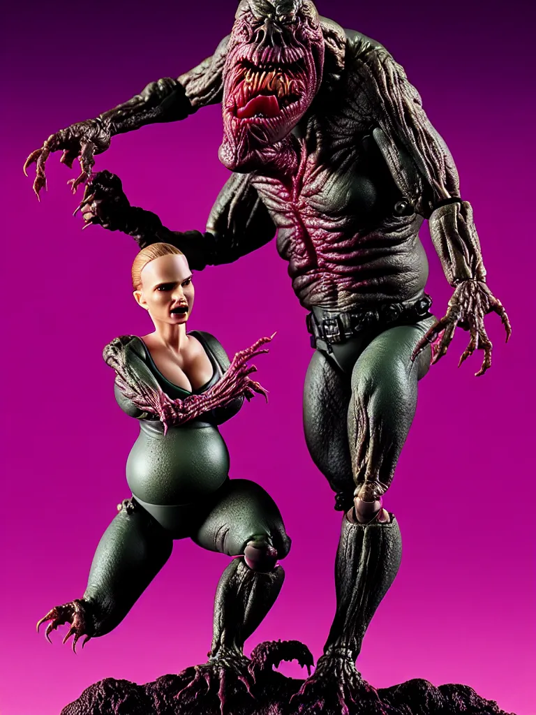 Image similar to hyperrealistic rendering, fat smooth john carpenter flesh monster natalie portman by bernie wrightson and killian eng and joe fenton, product photography, action figure, sofubi, studio lighting, colored gels, colored background