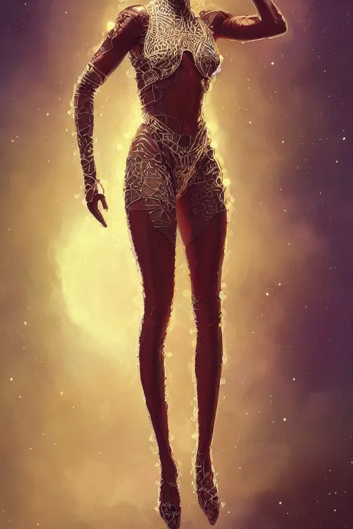 Image similar to full body portrait of very beautiful and attractive African-American woman, funkadelic spacesuit, real life skin, intricate, elegant, highly detailed, artstation, concept art, smooth, sharp focus, face by wlop, art by artgerm and greg rutkowski and alphonse mucha