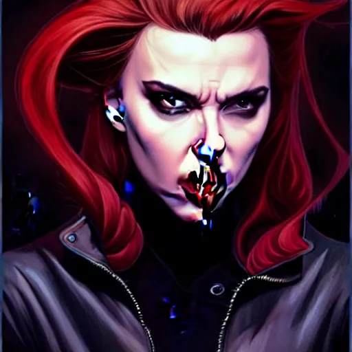 Image similar to rafael albuquerque comic art, peter mohrbacher, steve niles, artgerm, pretty scarlett johansson vampire sharp vampire teeth open mouth, symmetrical eyes, black leather jacket, jeans, long blonde hair