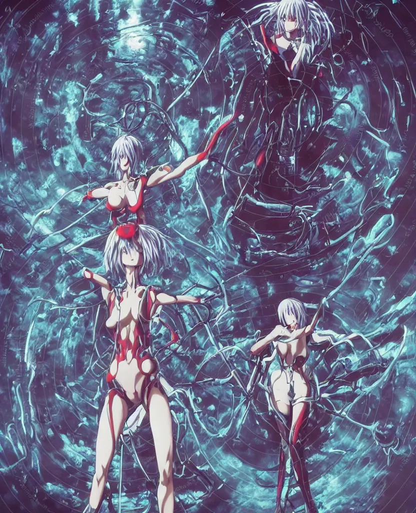 Image similar to female anime character rei ayanami cyborg in the center giygas epcotinside a space station eye of providence beksinski finnian vivid hr giger to eye hellscape mind character environmental