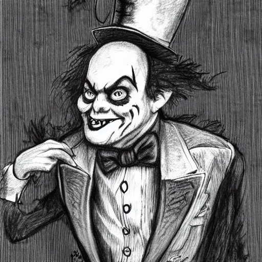 Image similar to a Pop Wonder scary horror themed goofy-hilarious-character Mad-Hatter-wearing a scarf, 3-piece-suit, dime-store-comic drawn with charcoal and pen and ink, half-tone-line-stacking