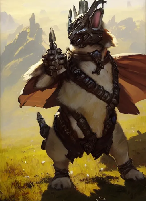 Image similar to Greg Manchess painting of a Corgi Charr from Guild Wars 2 wearing Forerunner Armor from Halo, countryside, calm, fantasy character portrait, dynamic pose, above view, sunny day, artwork by Jeremy Lipkin and Giuseppe Dangelico Pino and Michael Garmash and Rob Rey, very coherent asymmetrical artwork, sharp edges, perfect face, simple form, 100mm