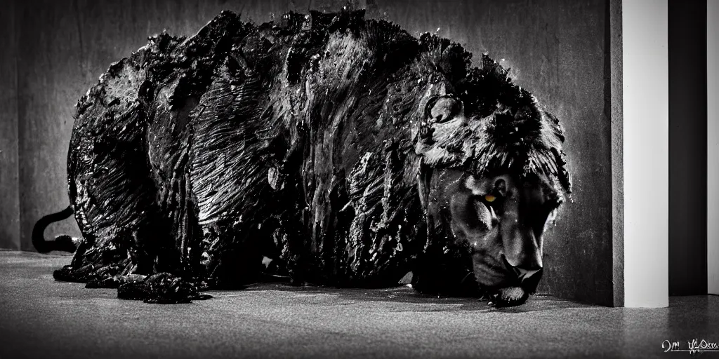 Prompt: the black lioness made of tar, dripping tar, drooling ferrofluid, melting through the hallway air vent. dslr, photography, animal photography, realistic, detailed
