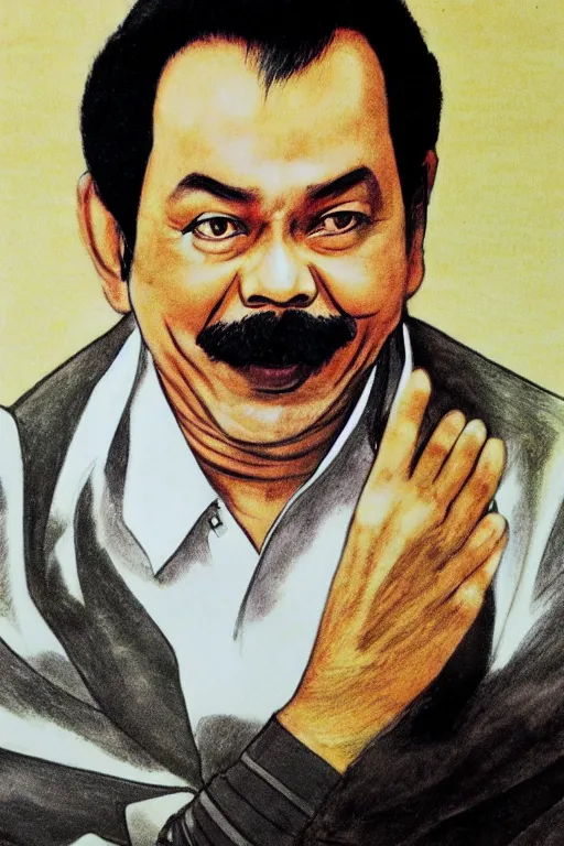 Image similar to mahinda rajapaksa, drawn by hayao miyazaki, rule of thirds composition