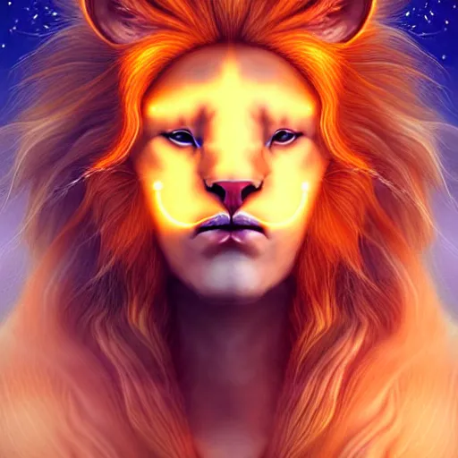 Image similar to Portrait of a girl angel with pale orange colored frizzy strands of illuminated hair, Lion essence, cat ears on her head, glowing halo, Lion's Mane, Cosmic, Lion's Gate, 8/8, fantasy, intricate, elegant, highly detailed, digital painting, artstation, concept art, smooth, sharp focus, illustration, art by Krenz Cushart and Artem Demura and alphonse mucha