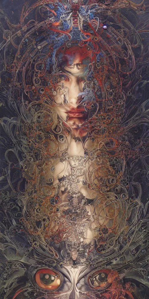 Prompt: realistic detailed image of zen mage, cyber sci - fi horror by lisa frank, ayami kojima, amano, karol bak, greg hildebrandt, and mark brooks, neo - gothic, gothic, rich deep colors. beksinski painting, part by adrian ghenie and gerhard richter. art by takato yamamoto. masterpiece