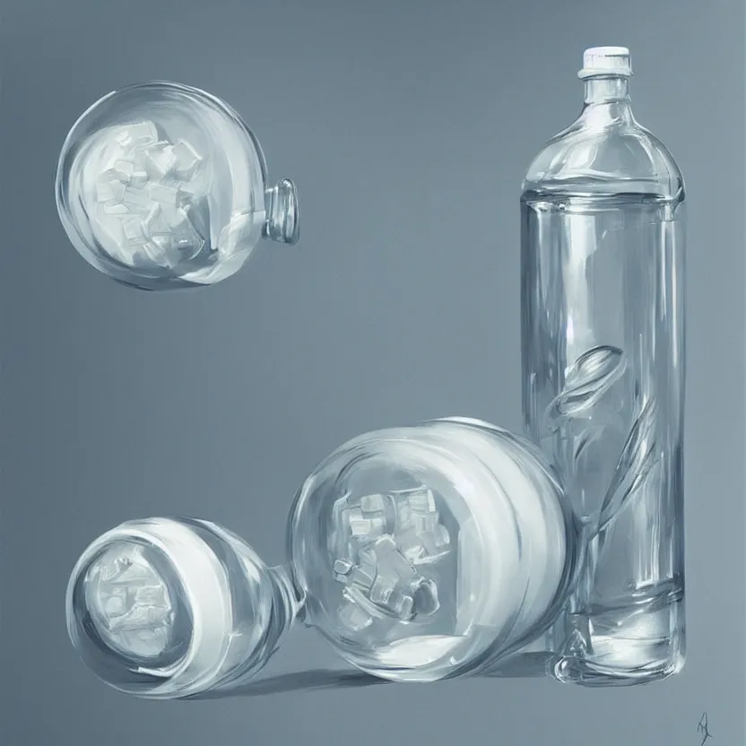 Prompt: concept art of luxury very modern dietary supplement with white liquid in a round transparent bottle with big black sticker on it, by aenaluck, artgerm and roberto ferri and greg rutkowski, light blue and white tones, digital painting, artstation, concept art, smooth, sharp foccus ilustration hq