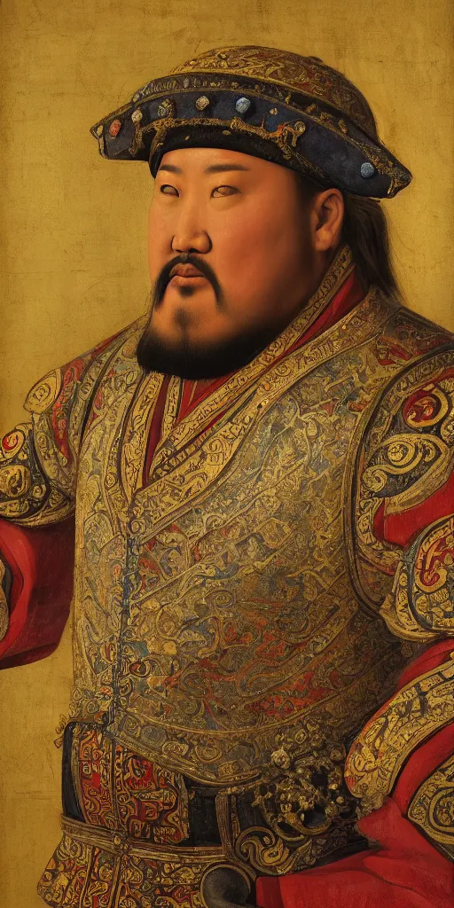 Image similar to Highly detailed and cinematic Renaissance period portrait oil painting of the Mongol Emperor Kublai Khan, an oil painting ((masterpiece)) by ((Josep Tapiró Baró)), dynamic lighting, 8K