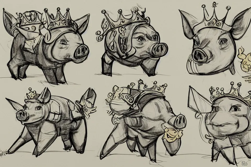 Prompt: concept sketches of a pig wearing a gold crown side profile by jamie hewlett, in the style of megaman