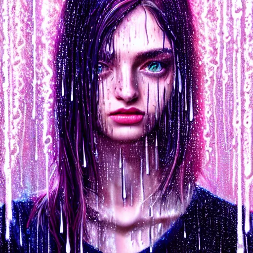 Image similar to bright asthetic portrait LSD glowing backlit rain on face and wet hair in strands, overhead lighting, fantasy, intricate, elegant, dramatic lighting, highly detailed, lifelike, photorealistic, digital painting, artstation, illustration, concept art, smooth, sharp focus, art by John Collier and Albert Aublet and Krenz Cushart and Artem Demura and Alphonse Mucha