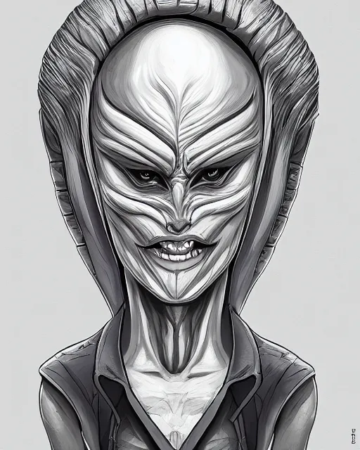 Prompt: a painting head and shoulders portrait of a villainous female Nordic alien of pure evil, made in tones of white and grey, holding a sharp weapon, insanely detailed, loony toons style, digital art, trending on artstation, isometric views, 8k