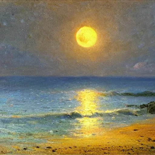 Image similar to a matte painting of the ocean at night with a full moon, an oil painting by Laurits Tuxen, deviantart, impressionism, deviantart