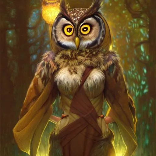 Image similar to a female owl owlwoman bird in magic robes at night in a dark forest. zootopia fursona furaffinity furry art detailed face painting by gaston bussiere craig mullins jc leyendecker gustav klimt artgerm greg rutkowski furry