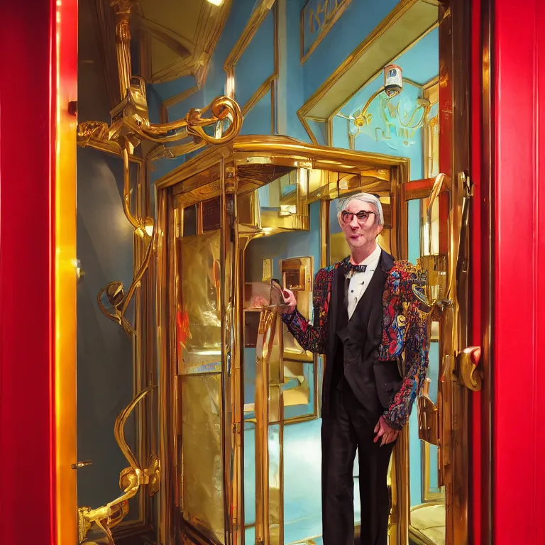 Prompt: professional octane render portrait by wayne barlow and carlo crivelli and glenn fabry, a flamboyant man in a bright colorful saturated wes anderson elevator operator costume inside a dark and moody vintage elevator in a high - end exotic vintage boutique hotel, very short depth of field, bokeh