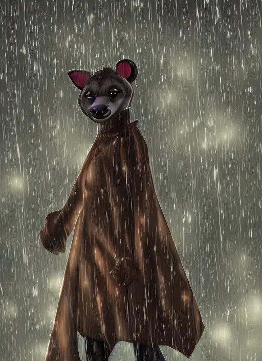 Image similar to digital artwork of anthromorphic hyena female, fursona, furry fandom, rainy cyberpunk setting, anthro, wearing large raincoat,