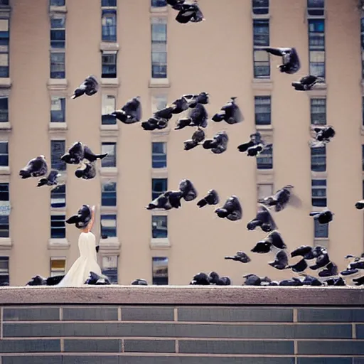 Prompt: “a woman wearing a dress that is turning into a flock of pigeons, standing on the roof of an urban building in NYC, fashion photography, photorealistic, bloom lighting”