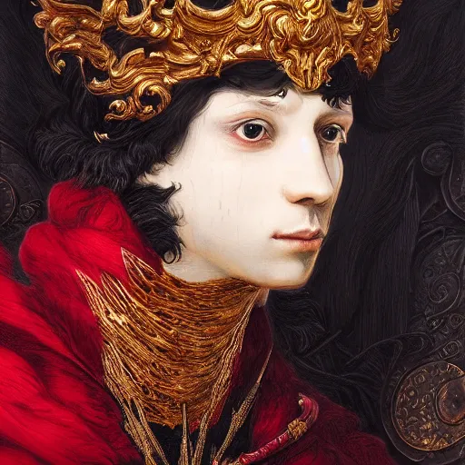 Prompt: portrait of a red sorcerer, sharp focus, black hair, baroque, rococo, highly detailed, intricate, bird mask, white, regal clothing, gold ethereal light, high fantasy