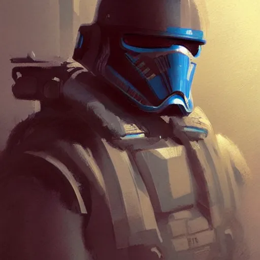 Image similar to star wars concept art by greg rutkowski, soldier wearing a blue and black tactical gear, digital painting, artstation, concept art, smooth, sharp foccus ilustration, artstation hq