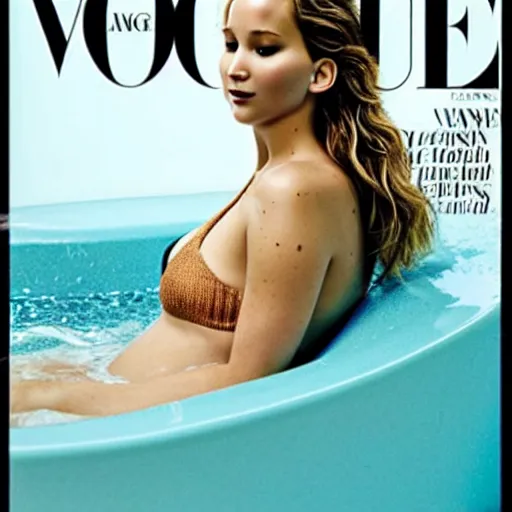 Image similar to a beautiful professional photograph for the cover of vogue magazine of jennifer lawrence, wearing a bikini, sitting in the bathtube looking at the camera in a flirtatious way, zeiss 5 0 mm f 1. 8 lens