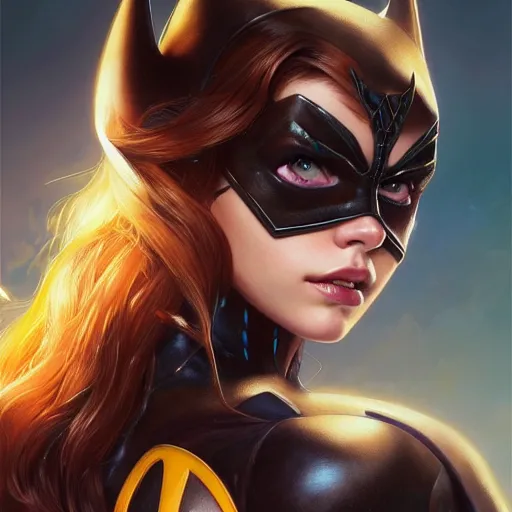 Image similar to beautiful Barbara Palvin as Batgirl, western, closeup, D&D, fantasy, intricate, elegant, highly detailed, digital painting, artstation, concept art, matte, sharp focus, illustration, art by Artgerm and Greg Rutkowski and Alphonse Mucha