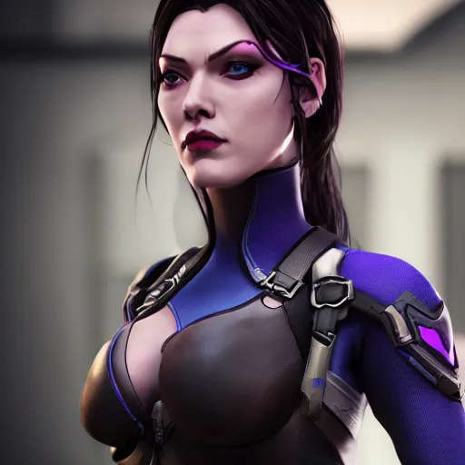 Prompt: scarlet johanson as widowmaker from overwatch, ultra realistic, 4 k, coherent, detailed face, unreal engine, costumed