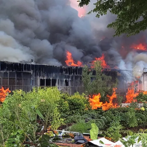 Prompt: The gardening center section of a Lowe's Warehouse, on fire