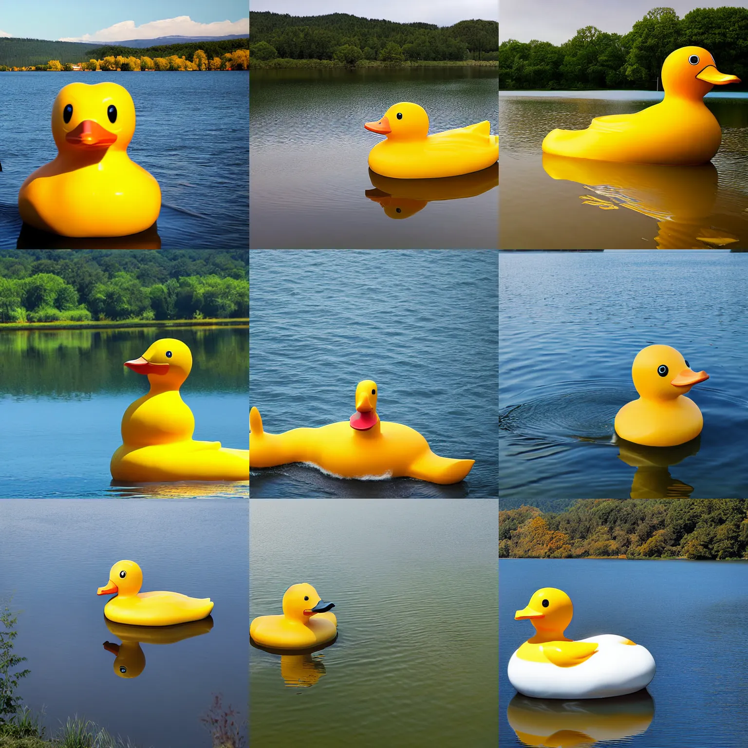 Prompt: gigantic rubber duck in a lake, photograph