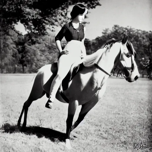 Prompt: professional photography, black and white of betty page riding a horse