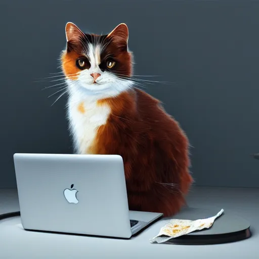 Image similar to painting of calico cat chewing the screen of a macbook. extremely detailed oil painting, unreal 5 render, fantasy digital art, octane render, beautiful composition, trending on artstation, award-winning photograph, masterpiece