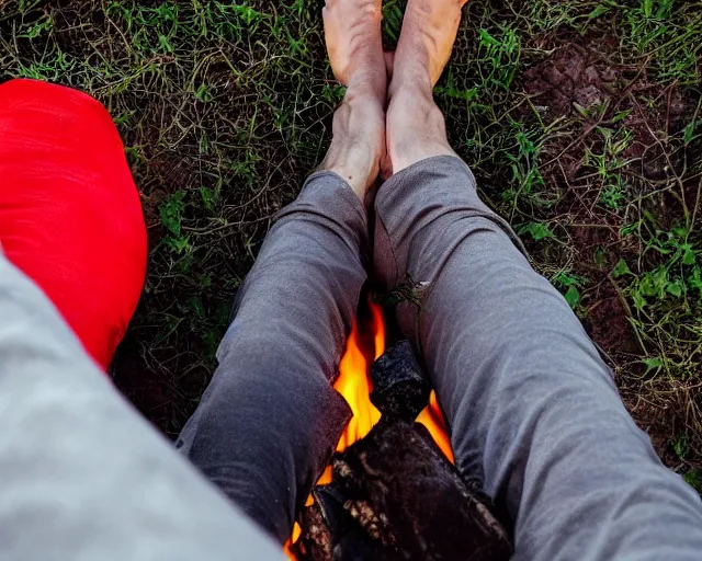 Image similar to mr robert smoke weed and meditate near the campfire in the garden, he has dark grey hairs, detailed glad face, muscular chest, pregnant belly, golden hour closeup photo, red elegant shirt, eyes wide open, ymmm and that smell