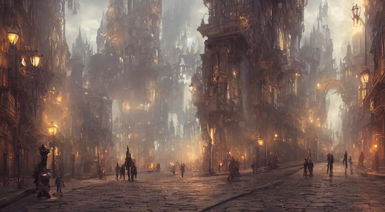 Prompt: a beautiful matte concept art painting of inside pov victorian style steampunk lord of the rings city streets with steampunk robots, concept art, deviantart, flickr, artstation, octane render, textured, colorful, very detailed, volumetric lighting, detailed lighting, octane render, 4 k, cinematic lighting, 8 k resolution