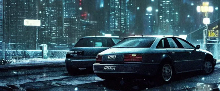 Image similar to Audi A4 B6 Avant (2002), a gritty neo-noir, Max Payne (PC) (2001) winter new york at night, dramatic bright lighting, cinematic, establishing shot, extremely high detail, photorealistic, cinematic lighting, artstation, by simon stalenhag, dark night, bright lights, eldritch horror