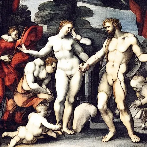 Image similar to royal family during an argument, michelangelo, ultra detailed, dynamic light