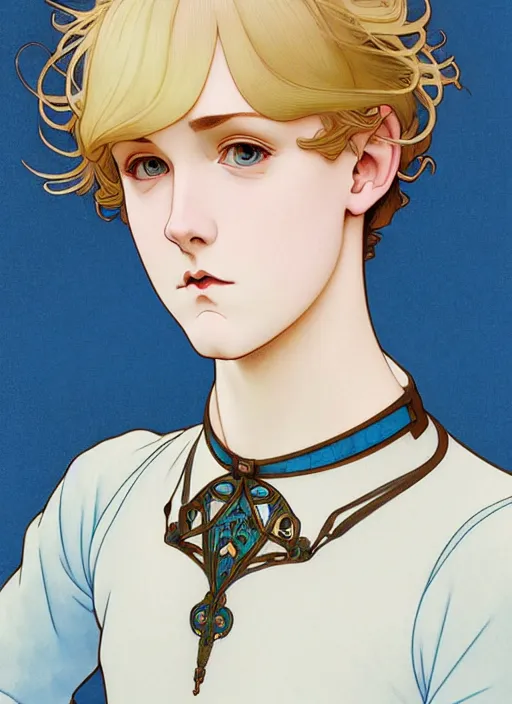 Image similar to art nouveau portrait of a pretty young man with short blond hair, light blue eyes, sad expression, scared, head down, shy and demure, wearing a choker collar, natural lighting, path traced, highly detailed, high quality, cartoon, digital painting, by don bluth and ross tran and studio ghibli and alphonse mucha