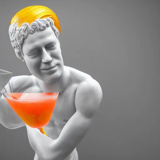 Image similar to close - up of a 3 d white marble human head holding a coctail, colorful coctail, digital illustration, 3 d render, above the waist