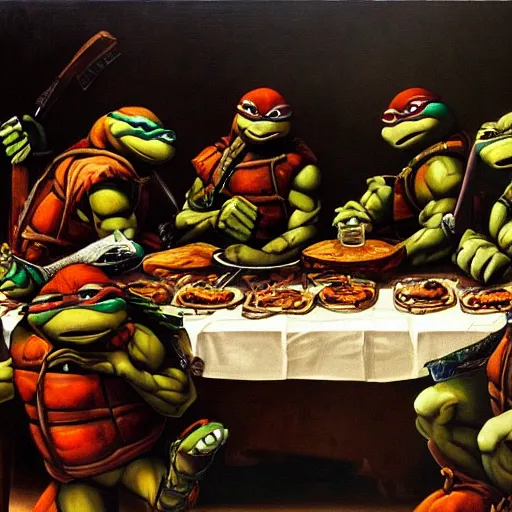 Image similar to teenage mutant ninja turtles are sitting at the table. da vinci. secret supper. there is a cola on the table. pizza on the table. realistic oil painting on canvas