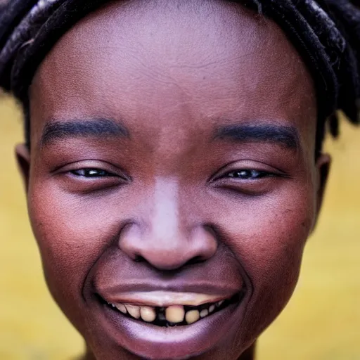 Image similar to photograph of a african person with japanese eyes and a grotesque smile