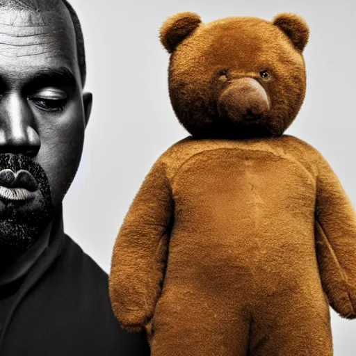 Prompt: Portrait studio photograph of Kanye West standing beside of a anthropomorphic teddy bear, close up, shallow depth of field, in the style of Felice Beato, Noir film still, 40mm