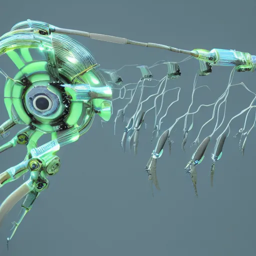 Prompt: side view a group of robot mechanical sense halitrephes maasai jellyfishs growing form tree branch, diode, lonely family, secret <, c 4 d, 8 k cleaning future, highly quality penetrating feeling bright light, cg special effect, cyberpunk, fantastic, sharp focus, smooth, unusual, octane render, style by andy warhol